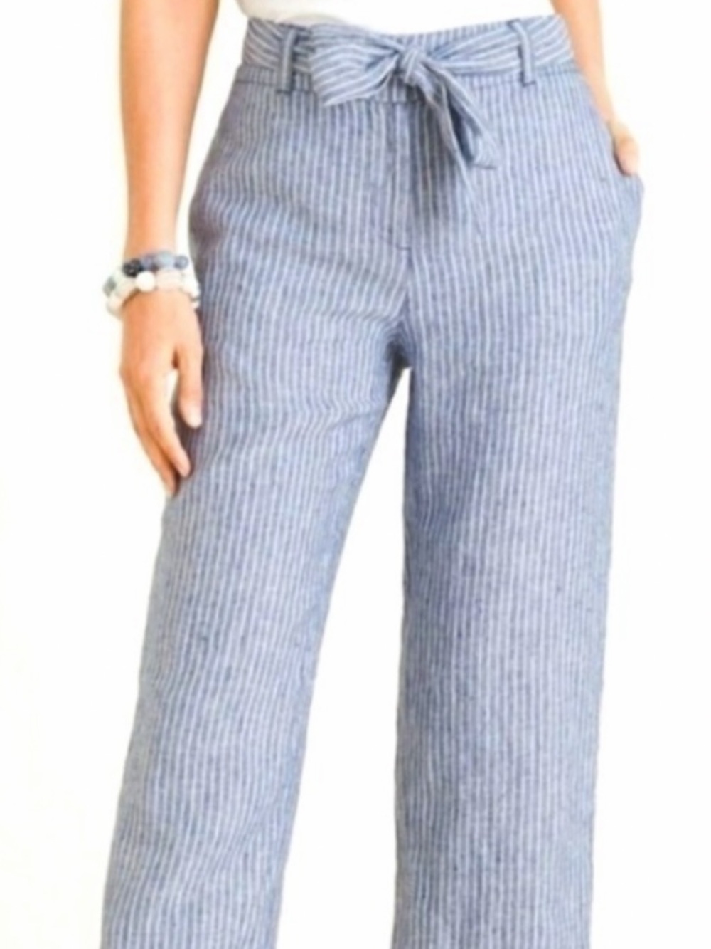 Chico's Light Blue Pinstripe Tie-Waist Wide-Leg Pants